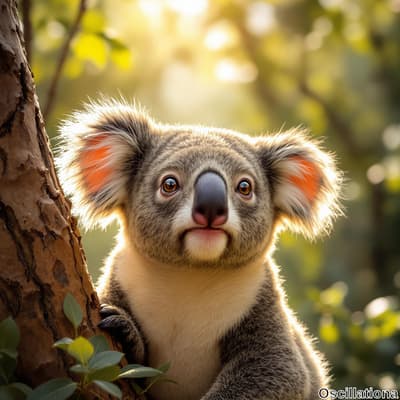 A close-up of a koala with greyish fur and a white underbelly clinging to a tree trunk, its large, expressive eyes looking directly at the camera.