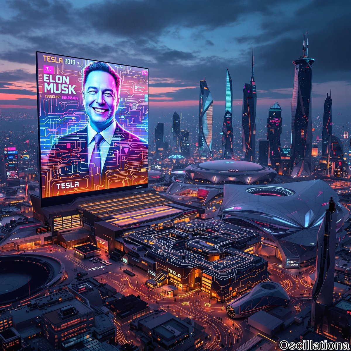 A futuristic cityscape at dusk with vibrant blues, purples, and orange hues; a large billboard displays a smiling tech leader named "Tesla" against electronic circuitry, dated 2019.