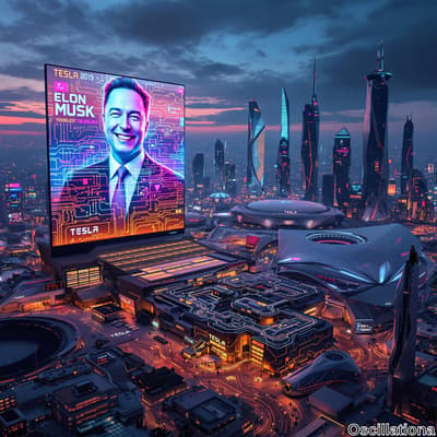 A futuristic cityscape at dusk with vibrant blues, purples, and orange hues; a large billboard displays a smiling tech leader named "Tesla" against electronic circuitry, dated 2019.