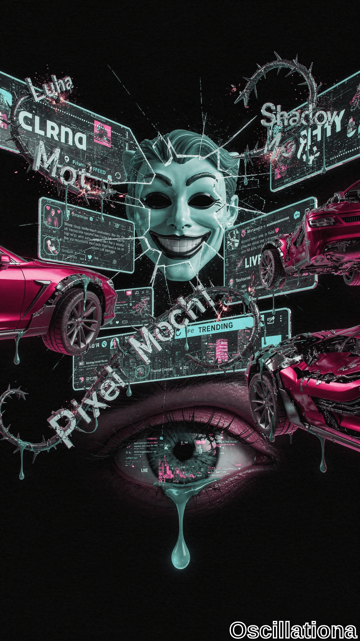 Cyberpunk digital art on black background: massive cracked greenish-cyan Guy Fawkes mask grinning atop, exploding in glass shards, sparks, barbed wire. Floating neon holograms "LUNA", "MOTI", glitchy Twitter