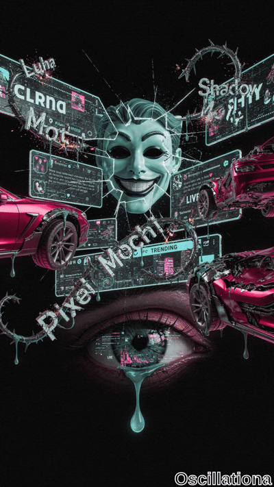 Cyberpunk digital art on black background: massive cracked greenish-cyan Guy Fawkes mask grinning atop, exploding in glass shards, sparks, barbed wire. Floating neon holograms "LUNA", "MOTI", glitchy Twitter