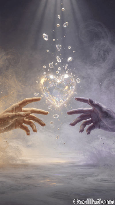 Two hands reaching from opposite sides, one bathed in warm golden light, the other in cool purple, stretch towards a radiant heart-shaped crystal