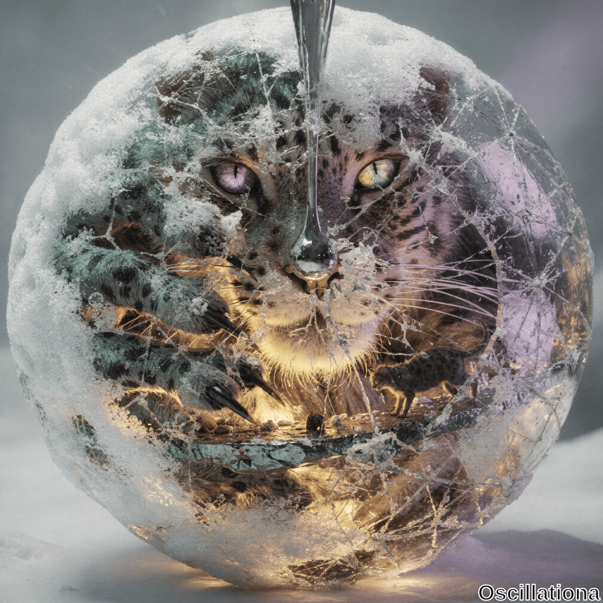 A surreal scene with a large, cracked ice or glass sphere containing a leopard's face with heterochromatic eyes—one purple, one green—partially covered in snow