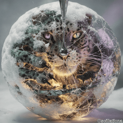 A surreal scene with a large, cracked ice or glass sphere containing a leopard's face with heterochromatic eyes—one purple, one green—partially covered in snow