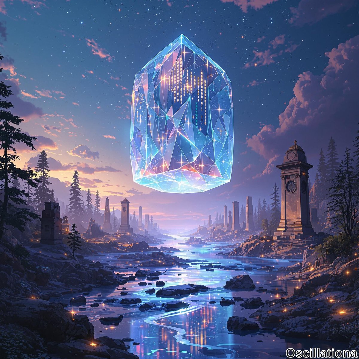 A serene twilight landscape featuring a large, floating, translucent crystal with glowing digital patterns inside, emitting a soft blue light.