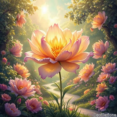 A serene landscape filled with blooming lotus flowers, centered by a large, vibrant lotus in soft peach and pale pink with delicate, radiating petals and a bright yellow core.