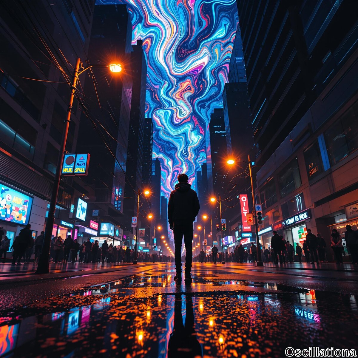 A person in a hoodie stands in the center of a wet, reflective city street at night, facing away from the viewer.