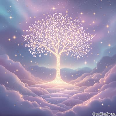 A whimsical, luminous tree with intricate, glowing branches and blossoms stands at the center against a dreamy backdrop of soft, swirling lavender and pale blue clouds.