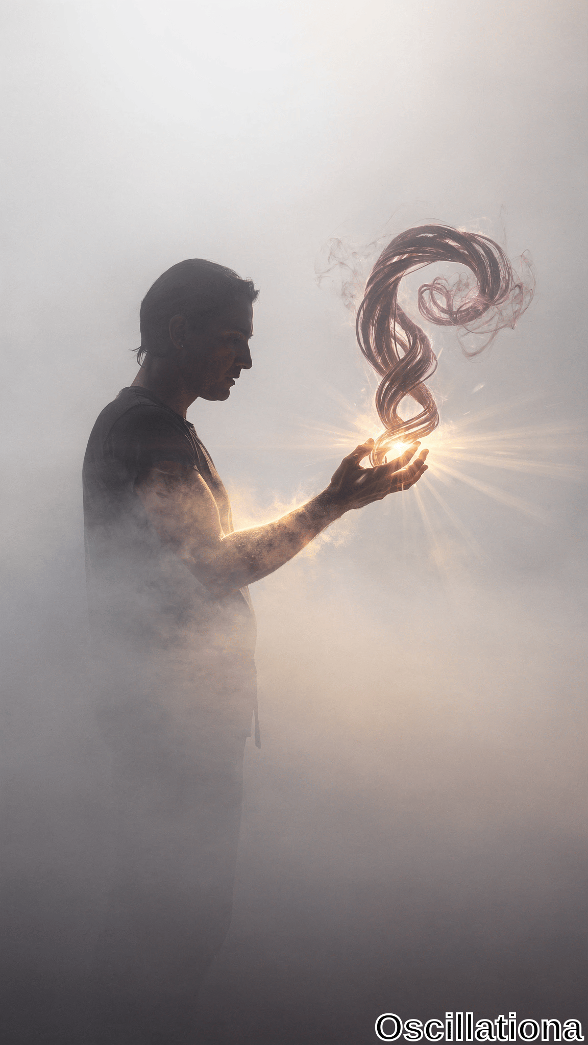 A silhouetted man stands in thick mist, cupping a bright light that releases twisting smoke-like ribbons into the air. Dramatic rays pierce the pale foggy atmosphere with an ethereal mood.