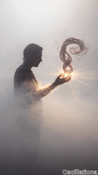 A silhouetted man stands in thick mist, cupping a bright light that releases twisting smoke-like ribbons into the air. Dramatic rays pierce the pale foggy atmosphere with an ethereal mood.