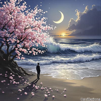 A serene coastal scene at dusk with a lone figure in a dark suit standing on a sandy beach, facing the ocean, casting a long shadow.
