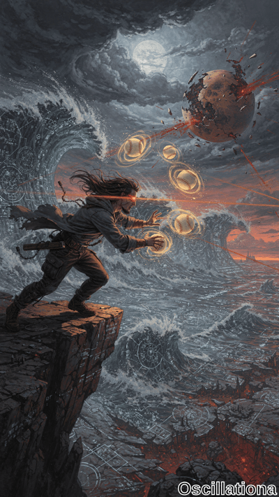 A cloaked figure on a cliff summons glowing golden rings amid massive waves, a shattered planet, and a full moon in a dark stormy sky. Epic fantasy scene with fiery orange accents and dramatic lighting.