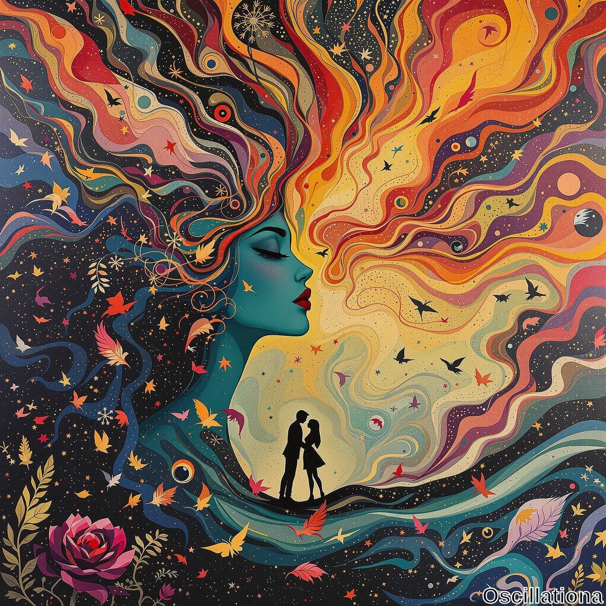 A surreal artwork with a large, stylized woman's face in teal and blue at the center, her eyes closed