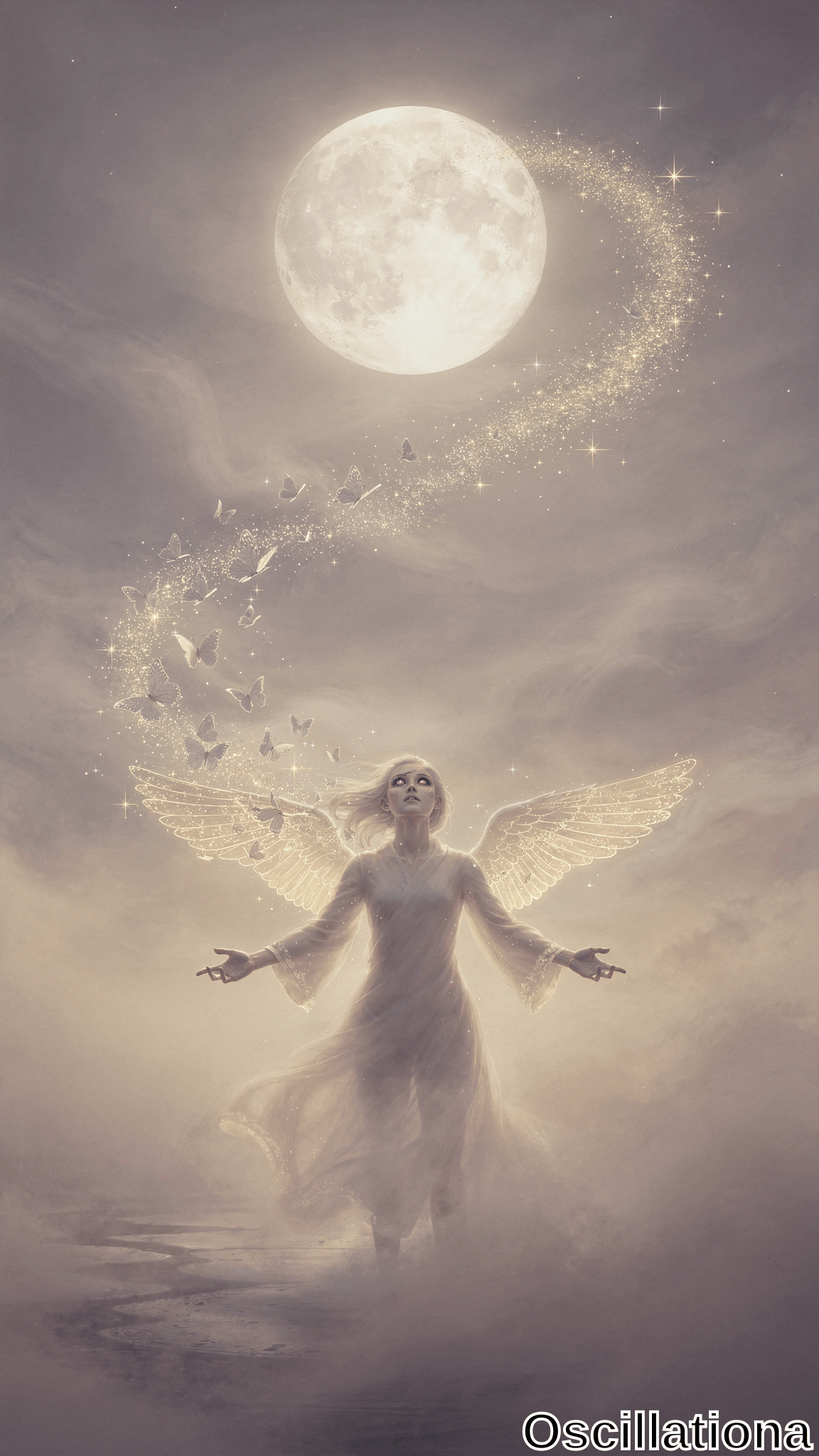 A luminous angel with flowing white dress and expansive wings stands in misty clouds beneath a radiant full moon, as a trail of delicate butterflies spirals downward. Soft silver and gray tones create a serene, mystical nighttime atmosphere.