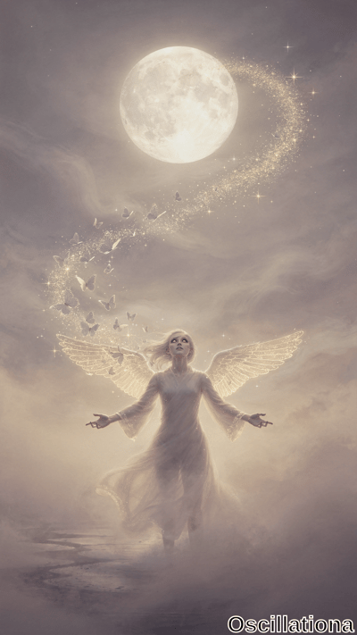 A luminous angel with flowing white dress and expansive wings stands in misty clouds beneath a radiant full moon, as a trail of delicate butterflies spirals downward. Soft silver and gray tones create a serene, mystical nighttime atmosphere.