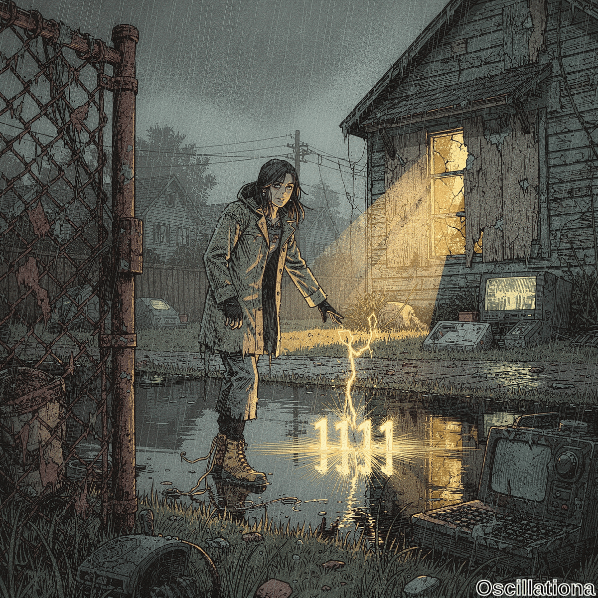Gritty cross-hatched cyberpunk art of rainy night: young East Asian woman in hooded trench coat, yellow combat boots stands in flooded yard, hand emits yellow lightning arcing into puddle mirroring glowing "1111", debris