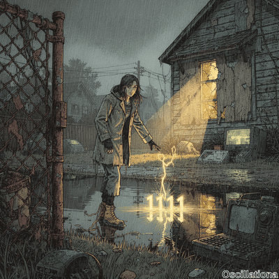 Gritty cross-hatched cyberpunk art of rainy night: young East Asian woman in hooded trench coat, yellow combat boots stands in flooded yard, hand emits yellow lightning arcing into puddle mirroring glowing "1111", debris