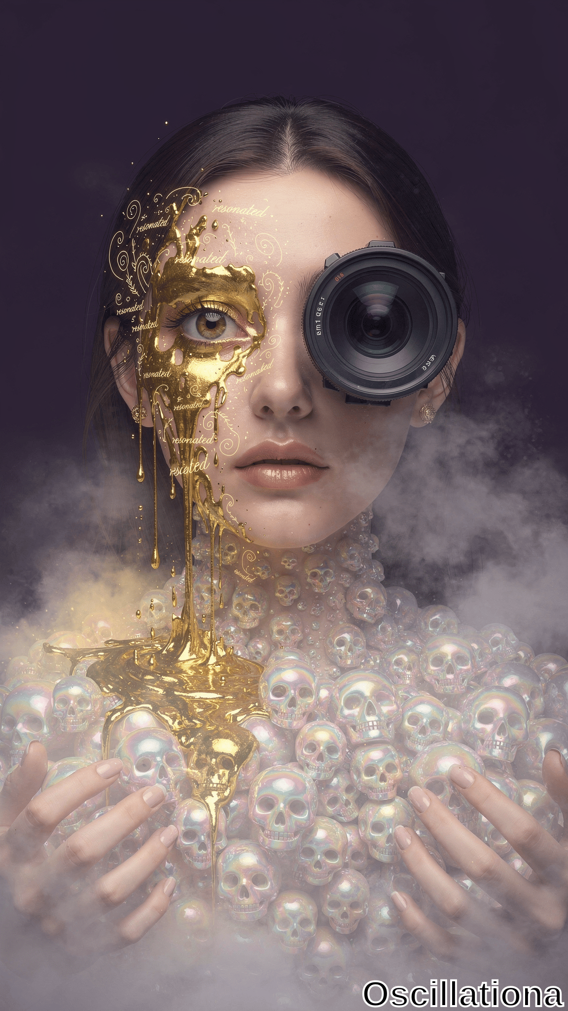 A surreal portrait on a dark purple background features a person with the left side of their face dripping with intricately patterned golden liquid, including words like "resonated" and "replicated"
