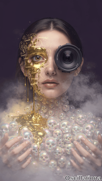 A surreal portrait on a dark purple background features a person with the left side of their face dripping with intricately patterned golden liquid, including words like "resonated" and "replicated"