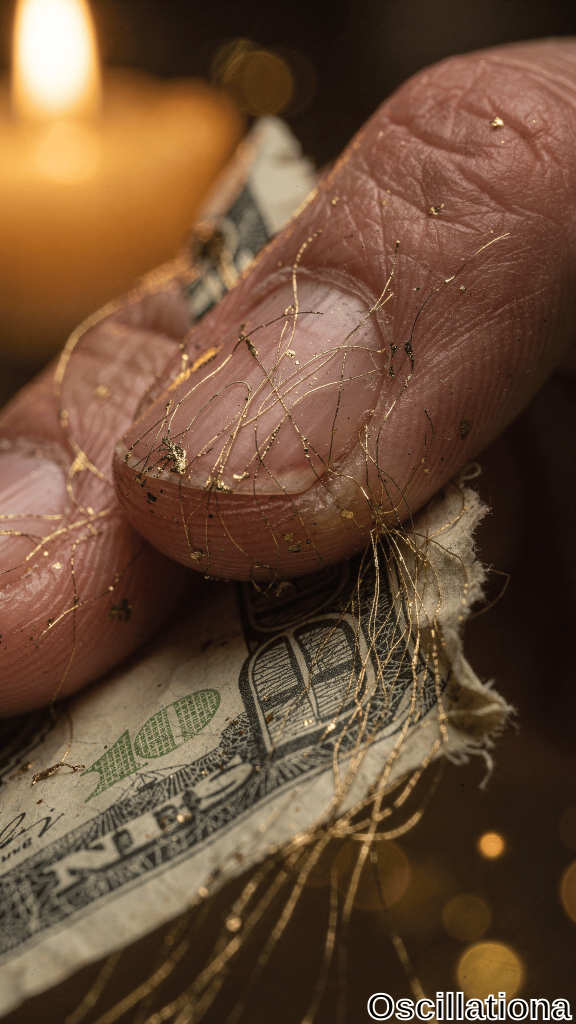 A close-up macro shot of a human finger holding a torn US