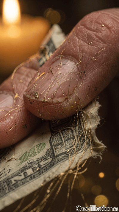 A close-up macro shot of a human finger holding a torn US