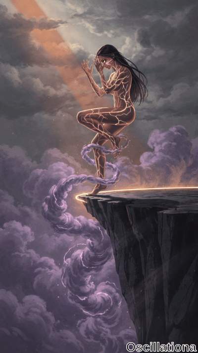 A woman with long, flowing black hair stands in a meditative pose on a cliff, balancing on one leg with the other foot on her thigh