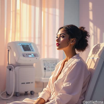 A woman with dark, curly hair in an updo and a light pink or white blouse sits in a softly lit spa or medical room, her serene expression enhanced by bold red lipstick and eyeliner.