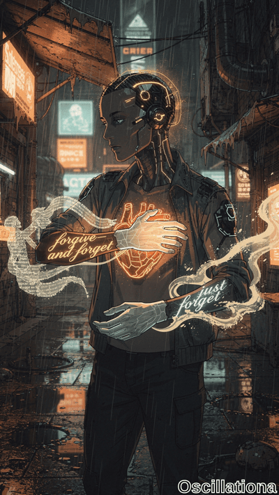 Cyberpunk alley at night in heavy rain: androgynous dark-skinned cyborg in black trench coat, golden headpiece, glowing orange accents, cradles faceted cybernetic heart in ghostly hands. Neon reflections on wet
