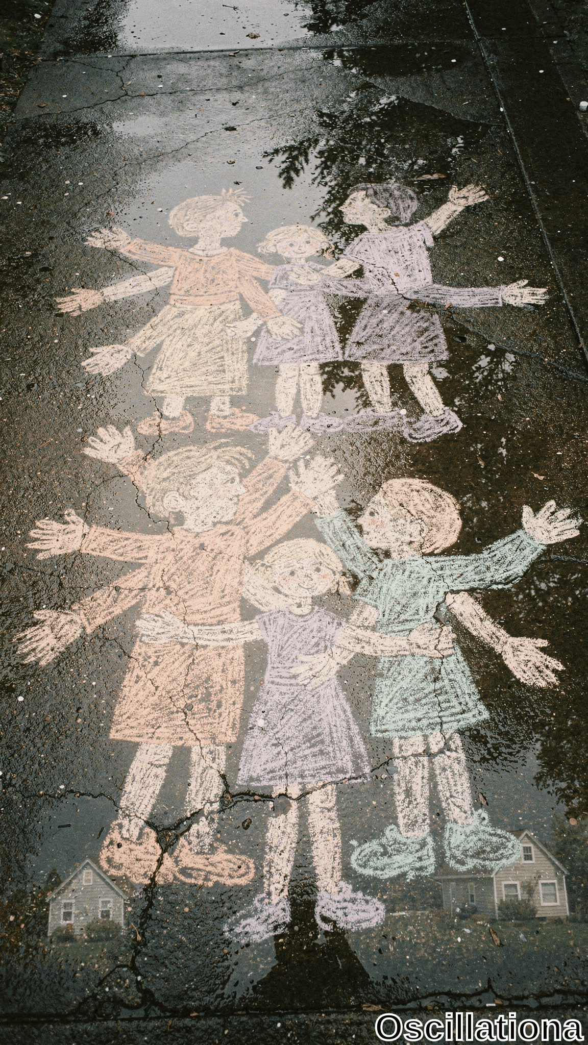 Vibrant chalk drawing on wet, cracked dark gray asphalt after rain: six joyful kids in childish style with big heads, smiles, linking hands outstretched. Colorful outfits in lavender, orange, pink, purple, green;
