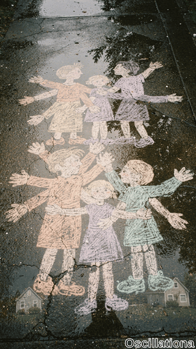 Vibrant chalk drawing on wet, cracked dark gray asphalt after rain: six joyful kids in childish style with big heads, smiles, linking hands outstretched. Colorful outfits in lavender, orange, pink, purple, green;