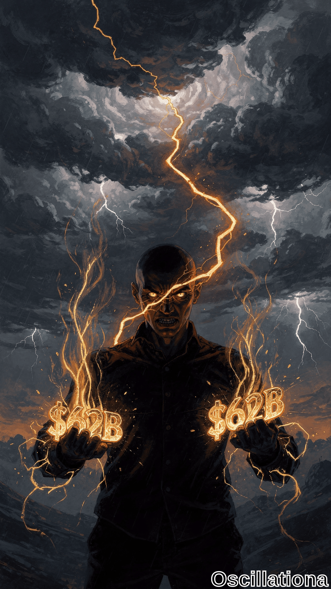 A bald man with a stern expression stands against a stormy sky with swirling clouds and lightning