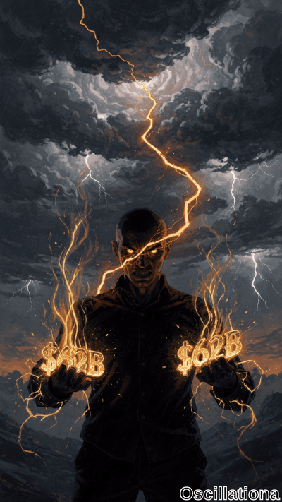A bald man with a stern expression stands against a stormy sky with swirling clouds and lightning