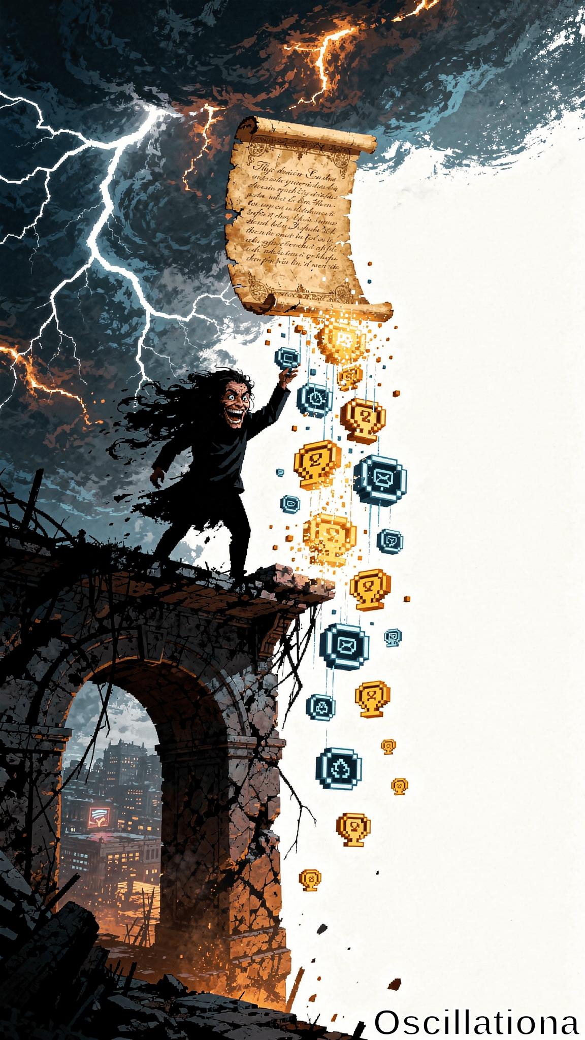A wild-haired figure on crumbling ruins reaches upward for a floating ancient scroll as lightning flashes and glowing pixel icons cascade over a stormy city at night.