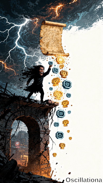 A wild-haired figure on crumbling ruins reaches upward for a floating ancient scroll as lightning flashes and glowing pixel icons cascade over a stormy city at night.