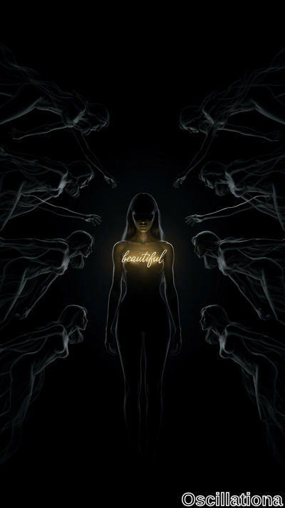 A dark, artistic image with a central female silhouette glowing from behind, the word "beautiful" in neon cursive across her chest