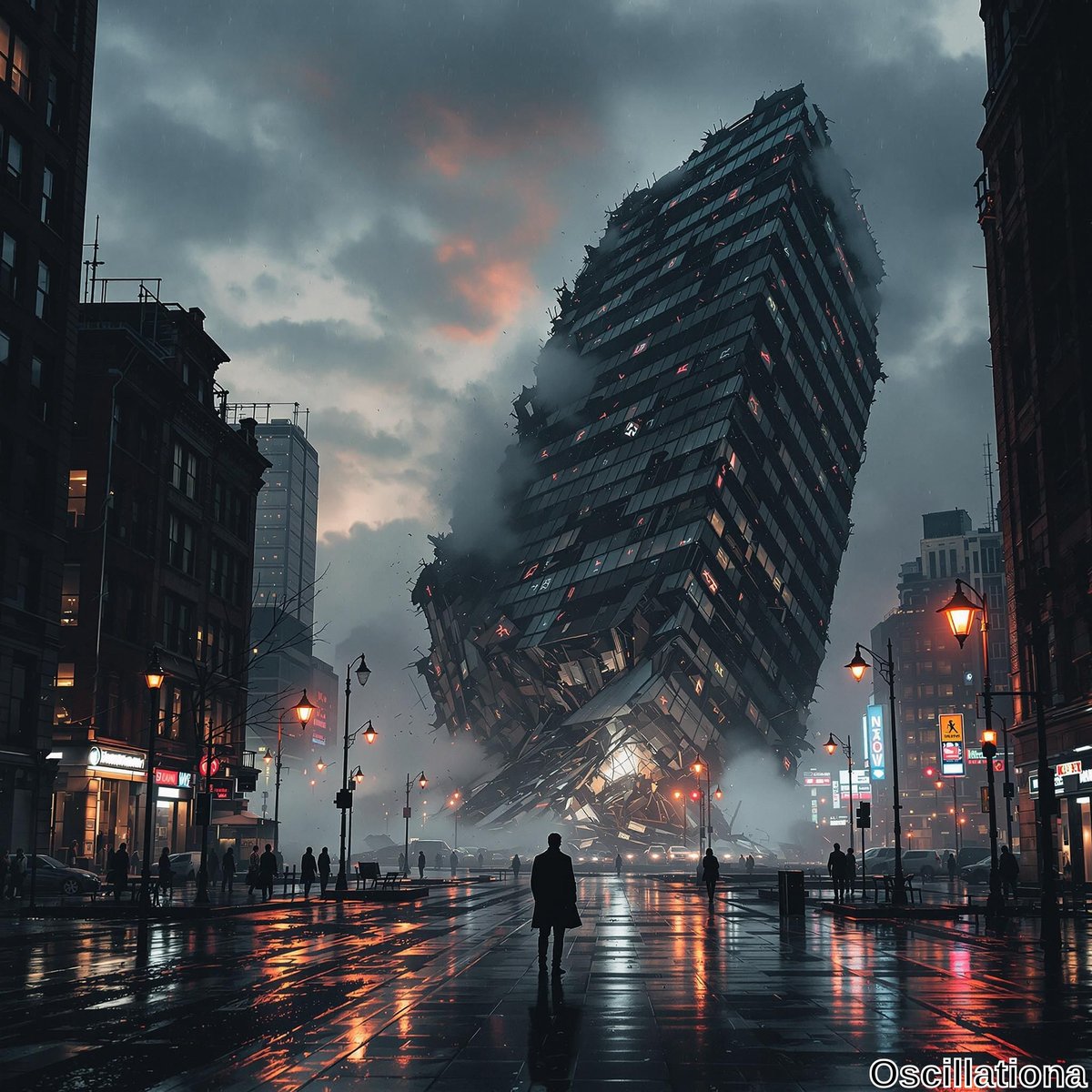 A dystopian city scene at twilight with a collapsing skyscraper leaning precariously, illuminated by internal lights.