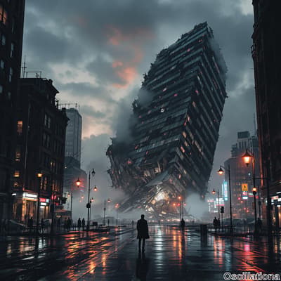 A dystopian city scene at twilight with a collapsing skyscraper leaning precariously, illuminated by internal lights.