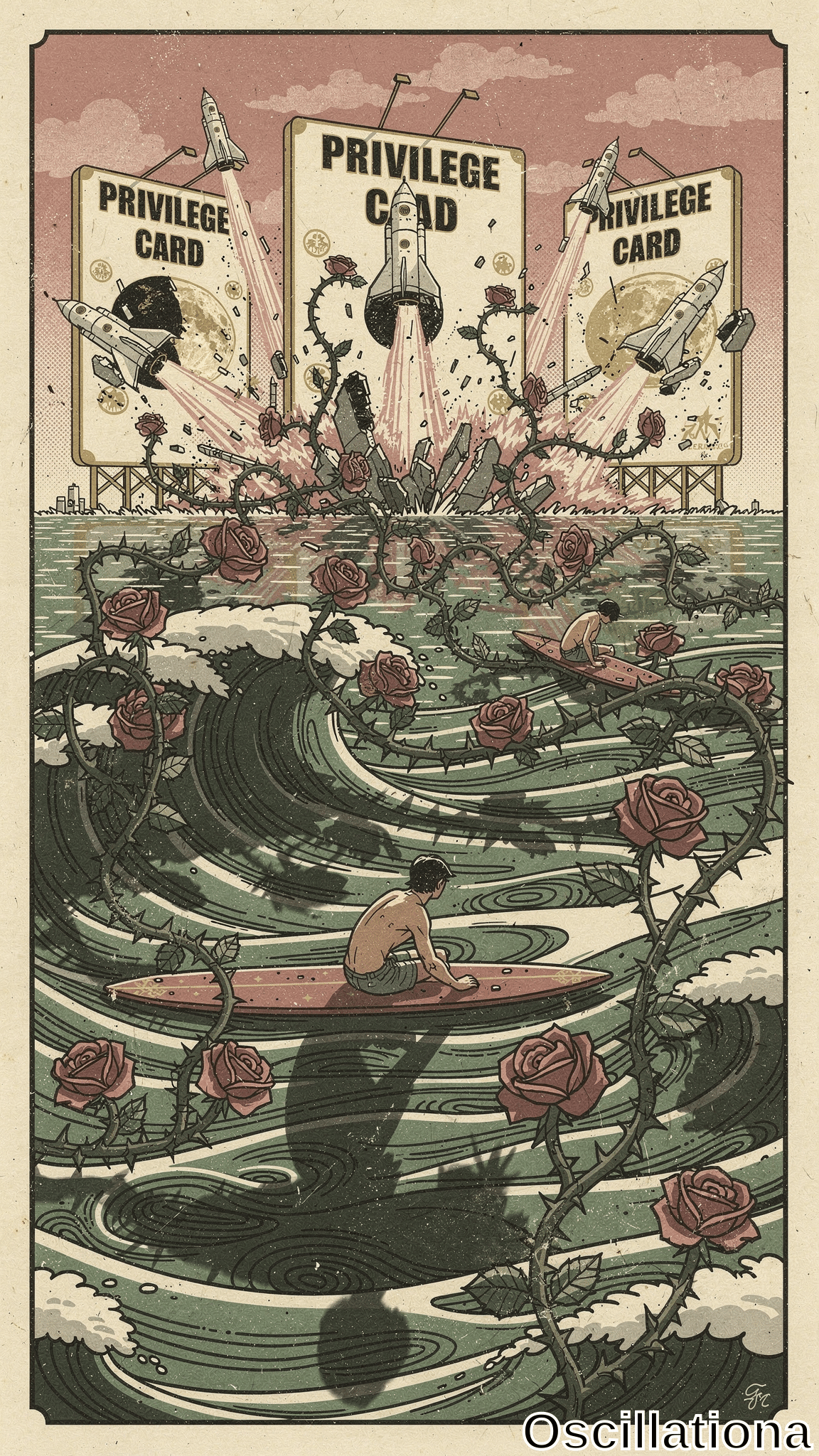 Vintage ukiyo-e Art Deco poster in muted earth tones: "PRIVILEGE CARD" billboards on pier launch gray rockets amid orange explosions and thorny crimson rose vines toward starry moon. Teal waves choke