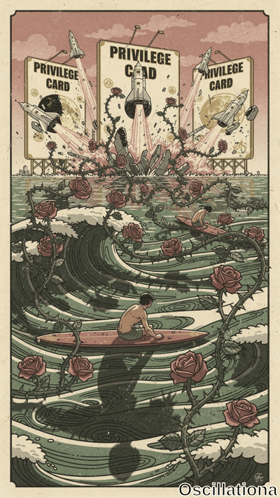 Vintage ukiyo-e Art Deco poster in muted earth tones: "PRIVILEGE CARD" billboards on pier launch gray rockets amid orange explosions and thorny crimson rose vines toward starry moon. Teal waves choke