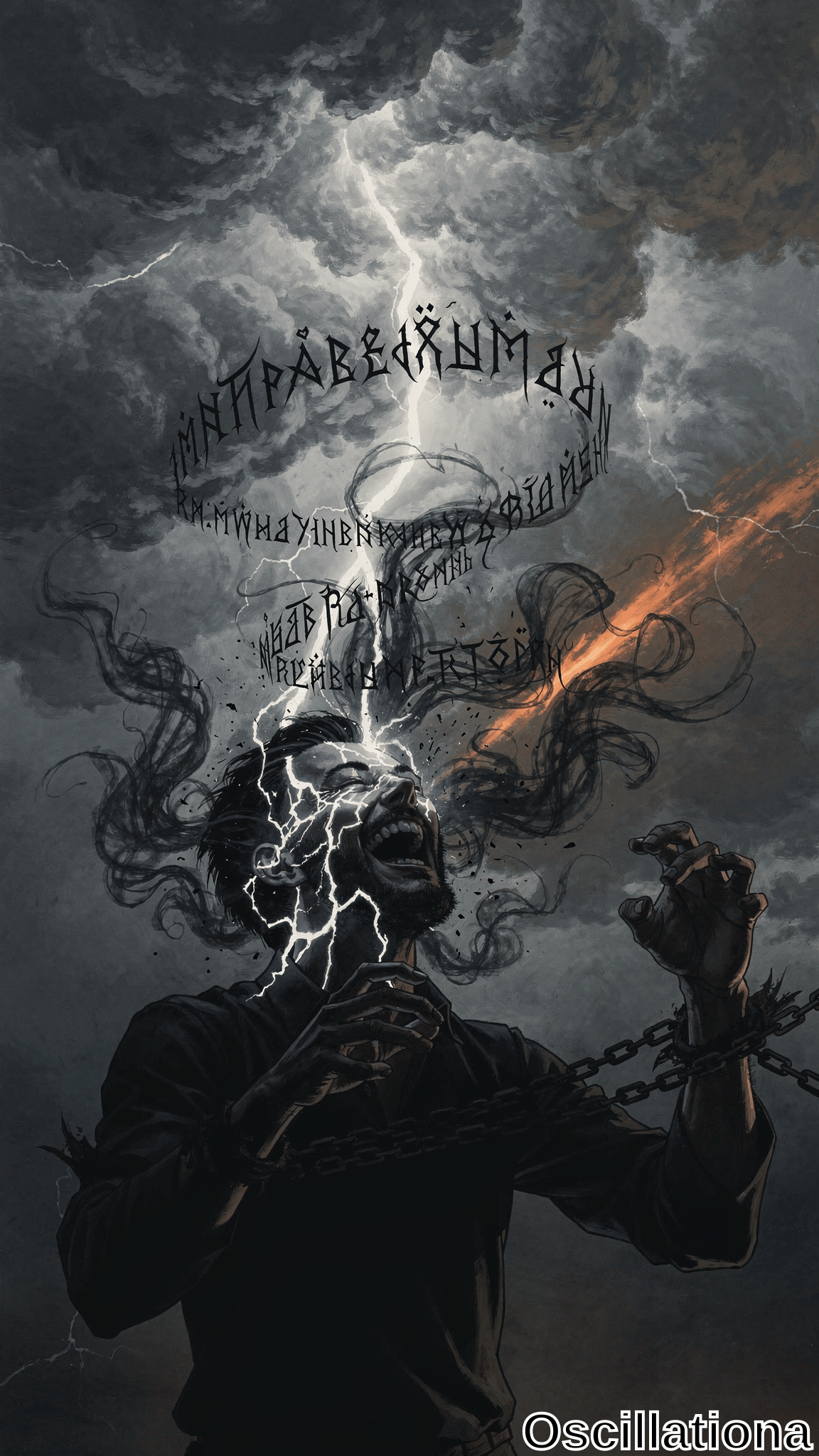A tormented man screams with mouth open as white lightning bolts strike his chest, bound by heavy chains under a dark stormy sky with an orange energy beam. Dramatic grayscale tones and swirling clouds create a chaotic, intense mood.