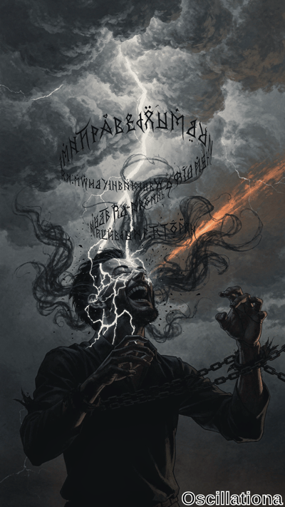 A tormented man screams with mouth open as white lightning bolts strike his chest, bound by heavy chains under a dark stormy sky with an orange energy beam. Dramatic grayscale tones and swirling clouds create a chaotic, intense mood.