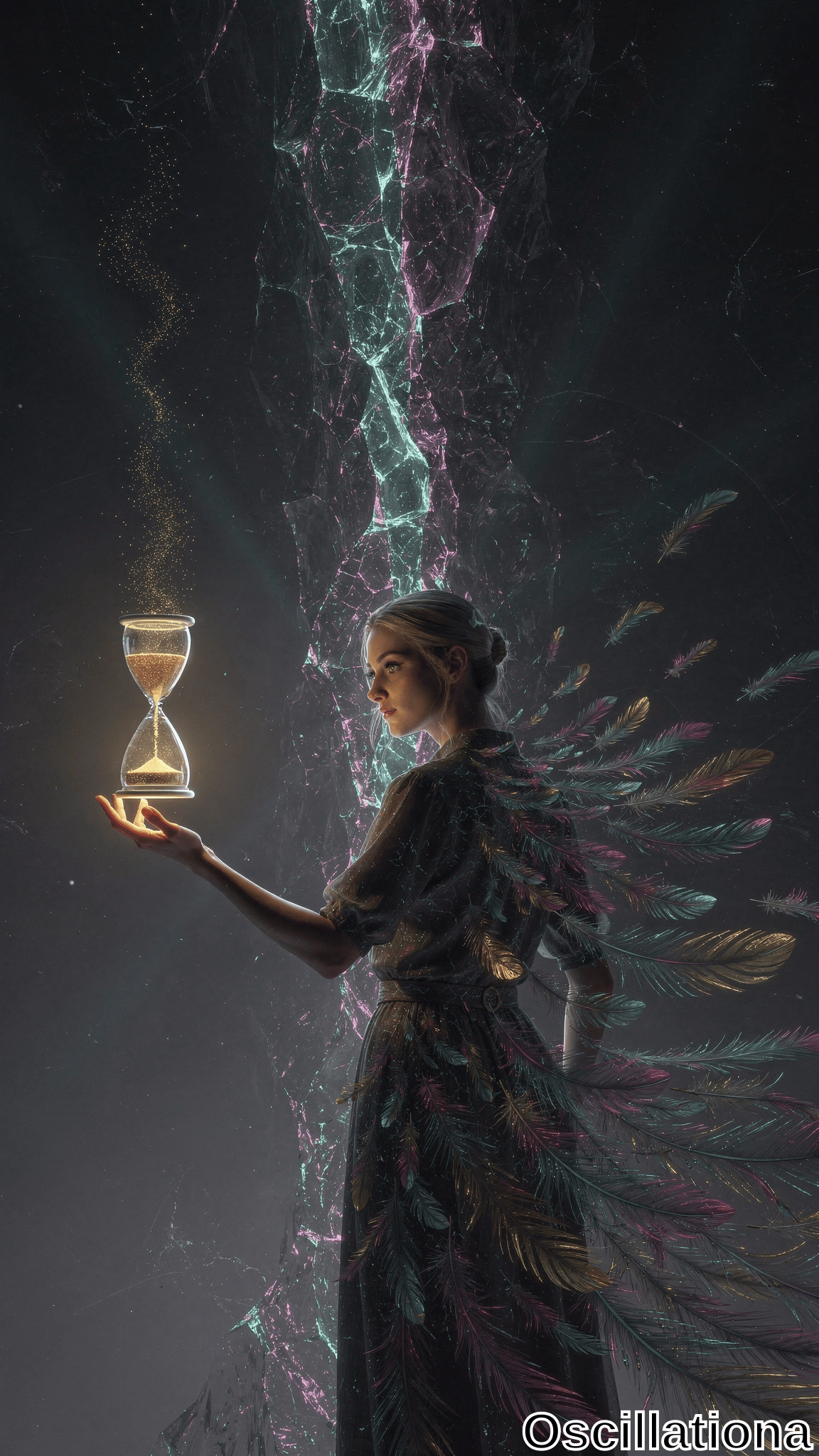 A woman in a mystical setting holds a glowing hourglass with golden sand, creating a luminous effect