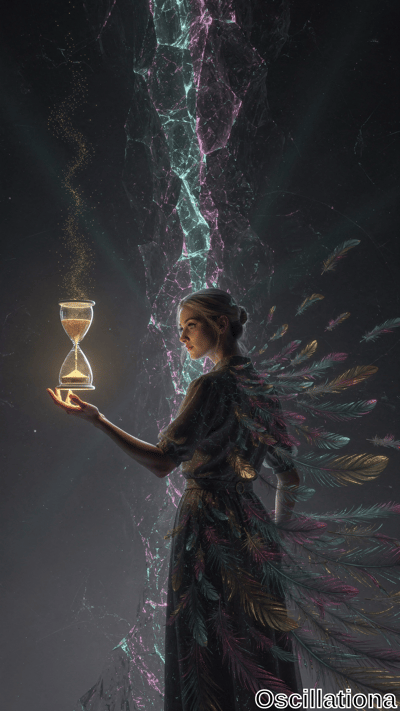 A woman in a mystical setting holds a glowing hourglass with golden sand, creating a luminous effect