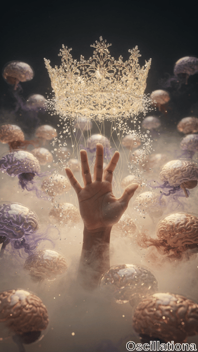 A hand reaches upward towards an ornate, golden crown adorned with sparkling gems and delicate filigree, glowing radiantly in mid-air