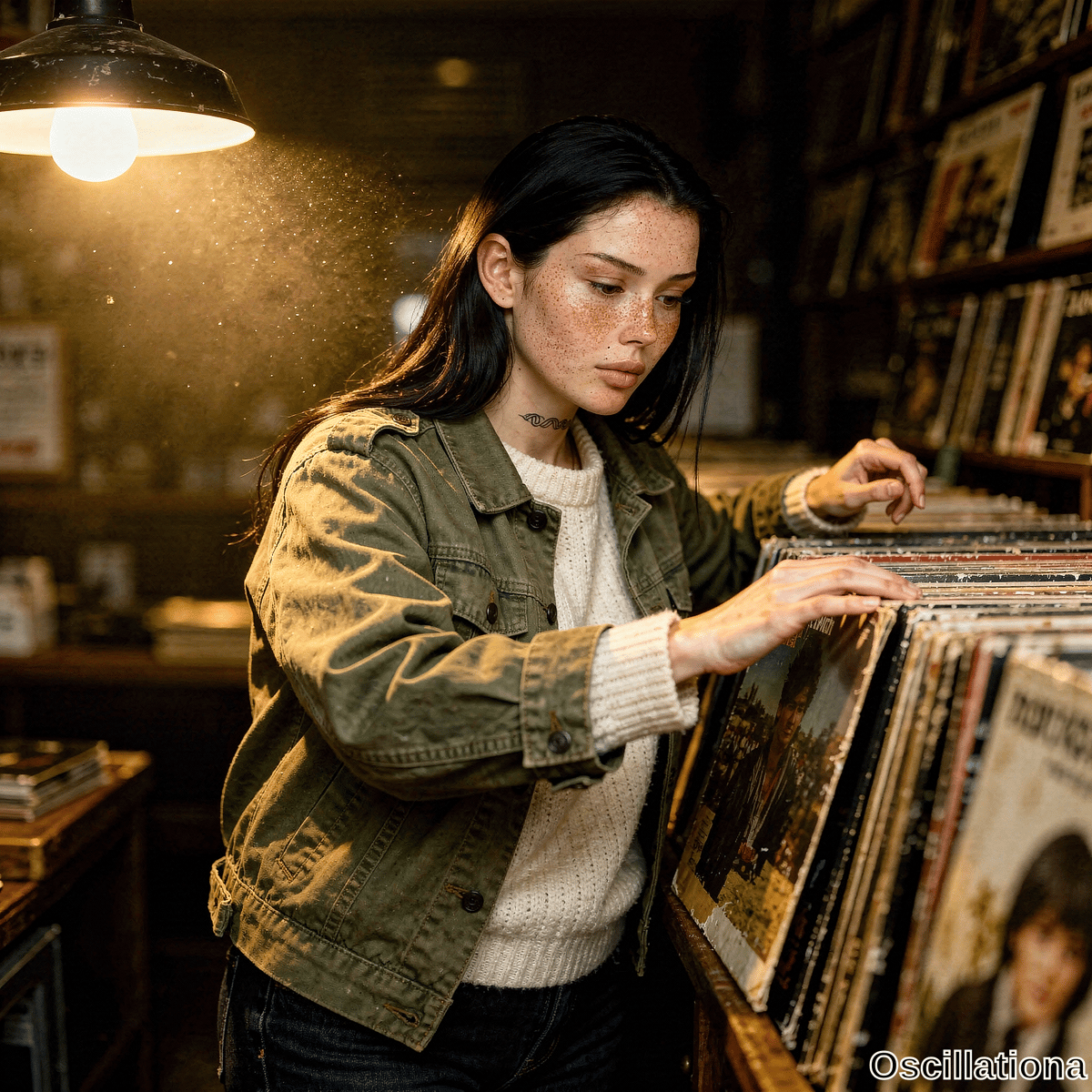 A young woman with long dark hair, freckles, snake tattoo and olive jacket browses vinyl in dimly lit record store with warm golden light. 
The scene shows her contemplative focus amid nostalgic shelves and floating dust particles in rich