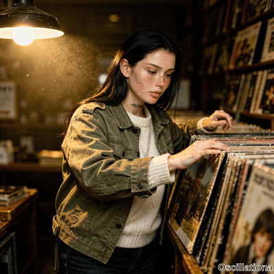 A young woman with long dark hair, freckles, snake tattoo and olive jacket browses vinyl in dimly lit record store with warm golden light. 
The scene shows her contemplative focus amid nostalgic shelves and floating dust particles in rich