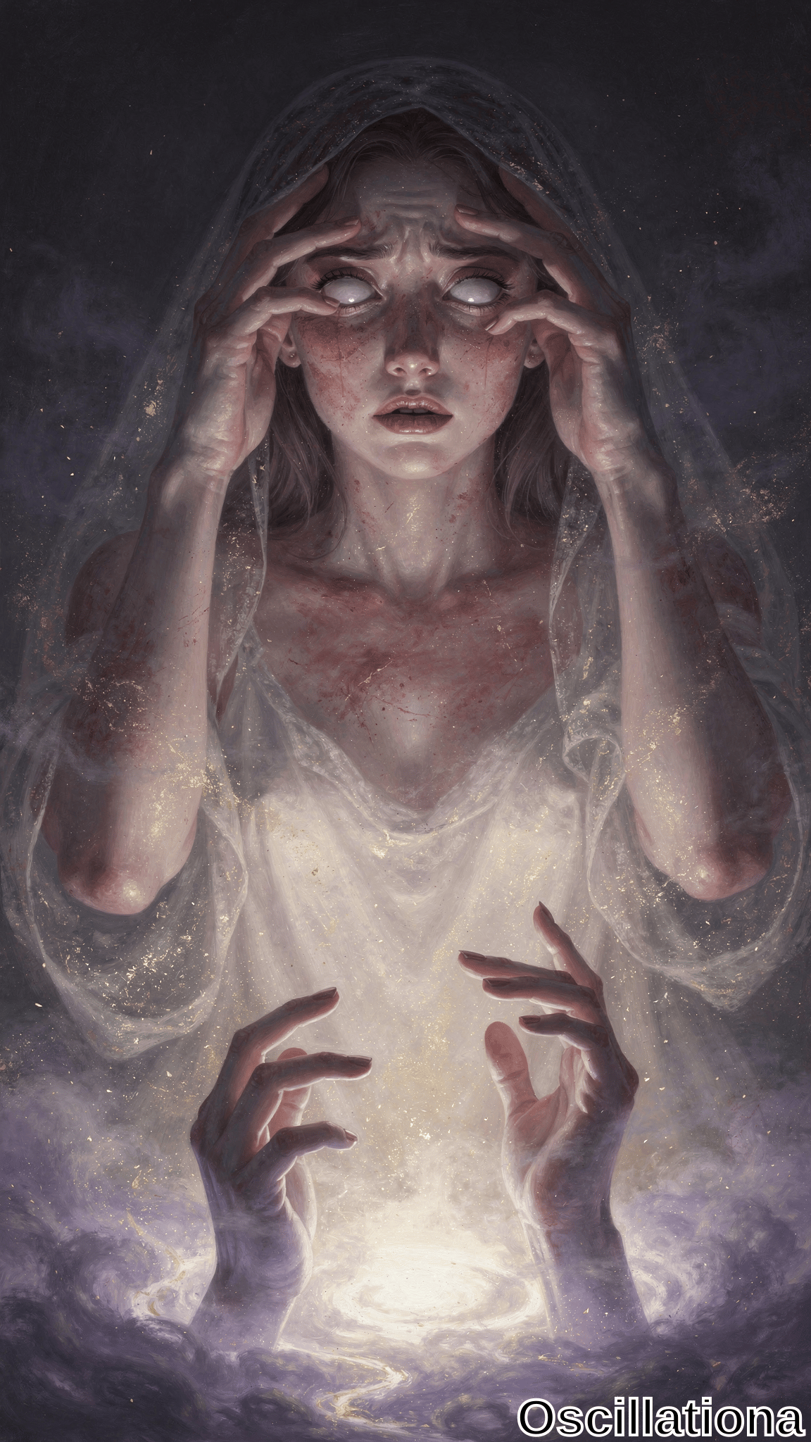 A woman with wide, blind eyes and a concerned expression wears a sheer, translucent garment with golden flecks