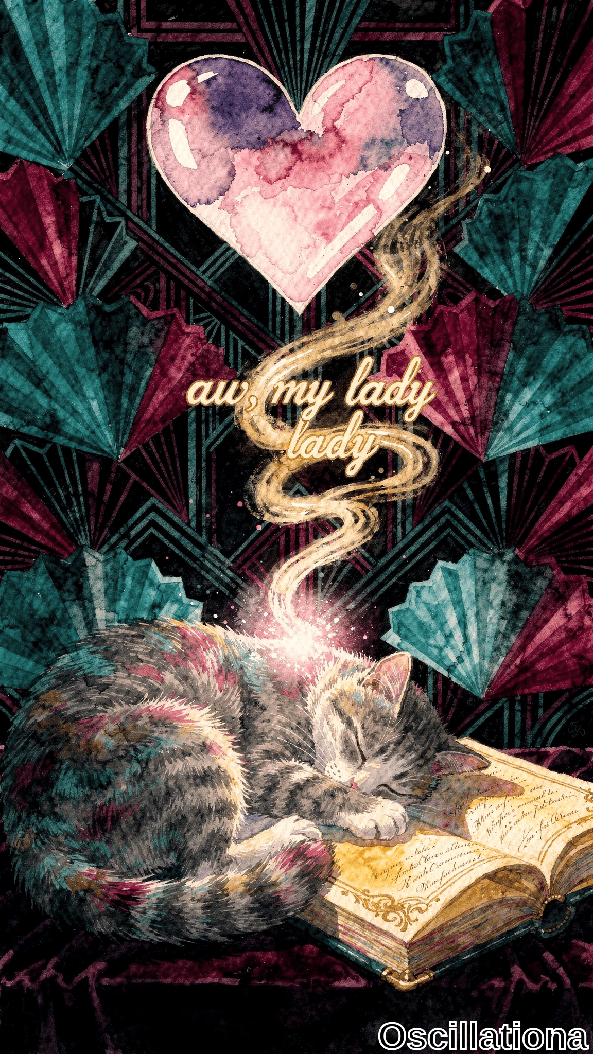 Whimsical Art Deco watercolor on dark teal-maroon backdrop with geometric fans & zigzags. Glossy pink-purple heart glows with golden trails & arched gold "aww my lady" text. Cute tabby cat