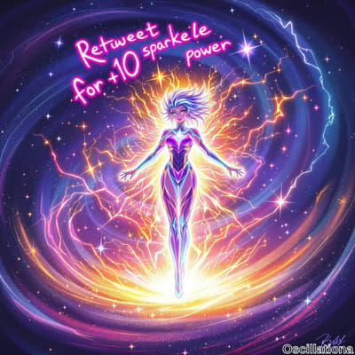 A vibrant digital artwork showcasing a futuristic female figure in a glowing, form-fitting suit with advanced tech design, short white hair, surrounded by an aura of electric energy in yellow, orange, and purple