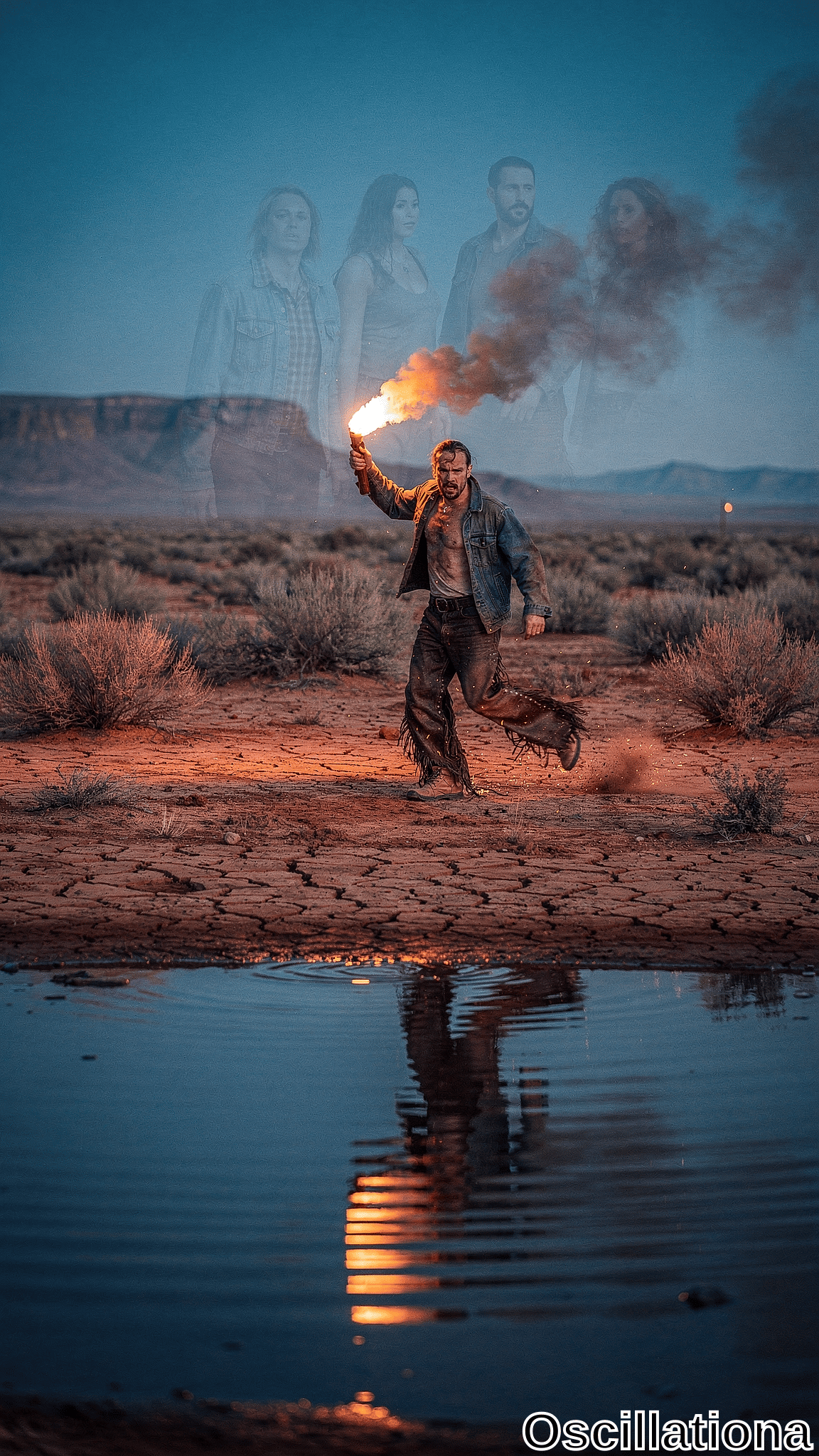 Dramatic twilight desert composite: rugged bearded man in faded denim jacket strides dynamically on cracked red earth kicking up sand, raises flaming orange torch with smoke. Foreground blue pool reflects rippling light; ethereal blue ghosts watch amid red